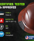 Dax Fiber Resin Full Brim Safety Helmet With 6 Point Suspension And Comfort Dome, shown with certifications and temperature rating.
