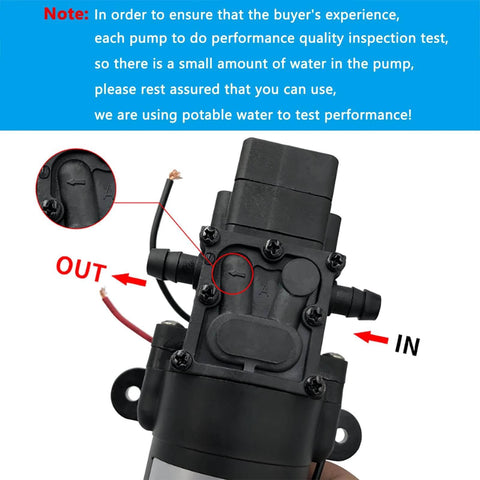 Close-up of DC 12V Diaphragm Pump, Self-Priming Sprayer Pump, view of in and out ports, with focus on water testing assurance note.