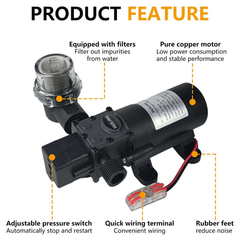 HUILING DC 12V Diaphragm Pump, Self-Priming Pump with Filter Quick Connection Terminal, 1.2 GPM 100 PSI, product features labeled