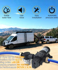 HUILING DC 12V Diaphragm Pump, Self-Priming Pump with Filter Quick Connection Terminal, 1.2 GPM 100 PSI Pressure Switch Adjustable Spray Pump with RV and van in background