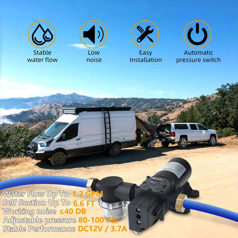HUILING DC 12V Diaphragm Pump, Self-Priming Pump with Filter Quick Connection Terminal, 1.2 GPM 100 PSI Pressure Switch Adjustable Spray Pump with RV and van in background
