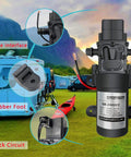 DC 12V Diaphragm Pump, Self-Priming Sprayer Pump, shown with hose interface, rubber foot, and back circuit, outdoors near RV