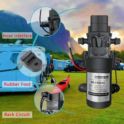 DC 12V Diaphragm Pump, Self-Priming Sprayer Pump, shown with hose interface, rubber foot, and back circuit, outdoors near RV