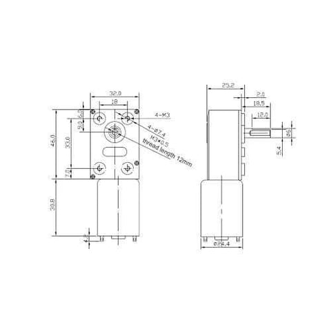 Technical drawing of Gear Reduction Motor, DC 12V High Geared Motor Reduction Motor with Encoder Srong Self Locking, 40RPM.