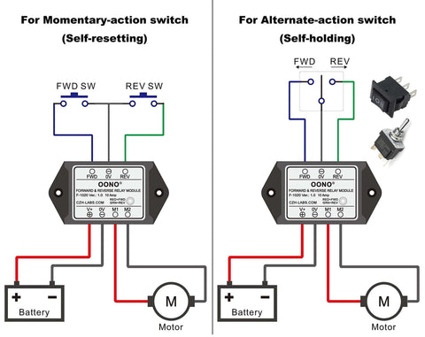 Wiring diagram for Forward and Reverse Relay Module for Motor/Linear Actuator, Reversing Relay Module (DC 12V) with different switch options.