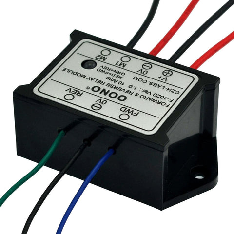 Forward and Reverse Relay Module for Motor/Linear Actuator in compact black case with labeled wires and ports