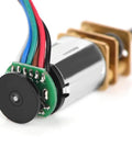 Close-up of DC 6V 2W Micro Speed Reduction Motor Mini Motor with Magnetic Coded Disc Hall Encoder (70RPM) showing wiring and disc.