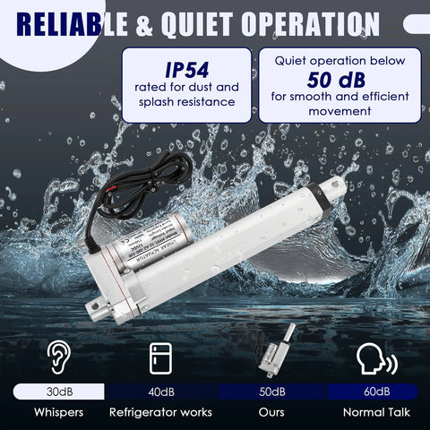 12V linear actuator for home automation with IP54 rating, dust and splash resistant, operates quietly below 50 dB for smooth movement.
