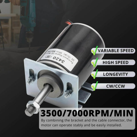 High Torque DC Motor 12V/24V 30W - 3500/7000RPM Permanent Magnet Electric Motor with Cable Connector and Mount, CW/CCW