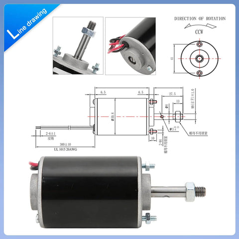 High Torque DC Motor 12V/24V, DIY Project Quiet Motor Permanent Magnet Motor with Cable Connector, threaded rotating shaft