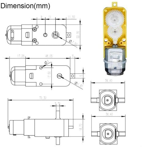 Technical drawing and close-up of Geared DC Motor 3V To 12V For Four Wheel Drive Toy Cars And Robotics DIY Kit with dimensions.