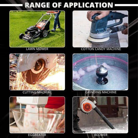 Range of applications for High Torque DC Motor 12V/24V 30W, including lawn mower, cutting machine, blower, and more.