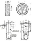 Technical diagram of Two Sets DC Gearbox TT Motors With 200 RPM Output At 3 To 6 V And 1 To 48 Gear Reduction, includes wheel measurements