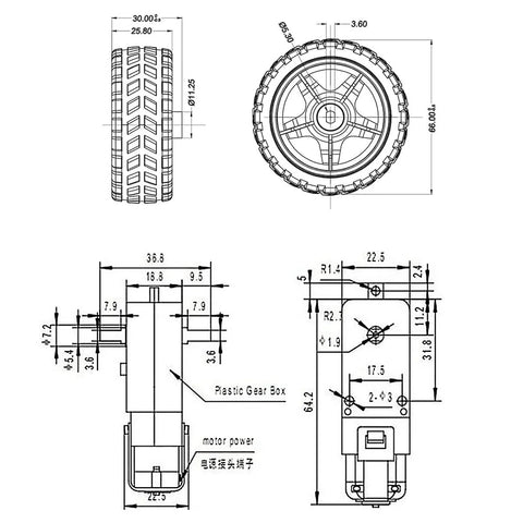 Technical diagram of Two Sets DC Gearbox TT Motors With 200 RPM Output At 3 To 6 V And 1 To 48 Gear Reduction, includes wheel measurements