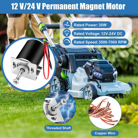 4 Pack High Torque Dc Motor, 3500-7000 RPM, 12 V/24 V Permanent Magnet, Gt2 Synchronous Wheel 8mm Bore Aluminum Timing Pulley with Belt, Dc Motor Speed Controller(with Screw Thread), shown in lawn mower application.