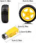 Geared DC Motor 3V To 12V For Four Wheel Drive Toy Cars And Robotics DIY Kit with plastic tire wheels and motor dimensions.