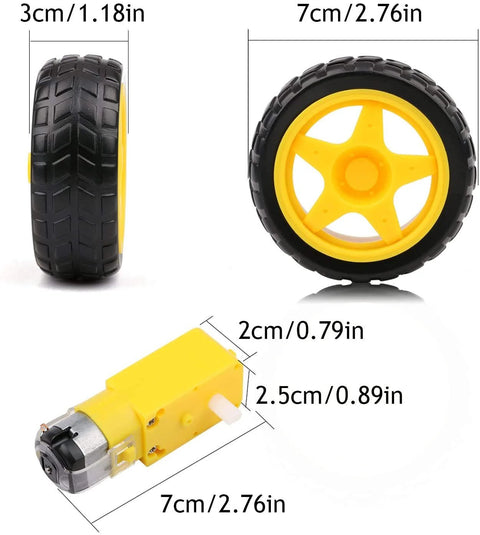 Geared DC Motor 3V To 12V For Four Wheel Drive Toy Cars And Robotics DIY Kit with plastic tire wheels and motor dimensions.