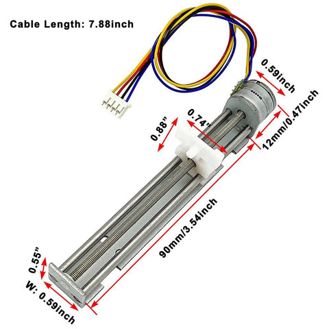 DC 5V 9V 12V Two Phase Four Wire Stepper Motor Linear Rail Kit with 90mm stroke, lead screw, metal body, plastic slider, cable length 7.88 inch
