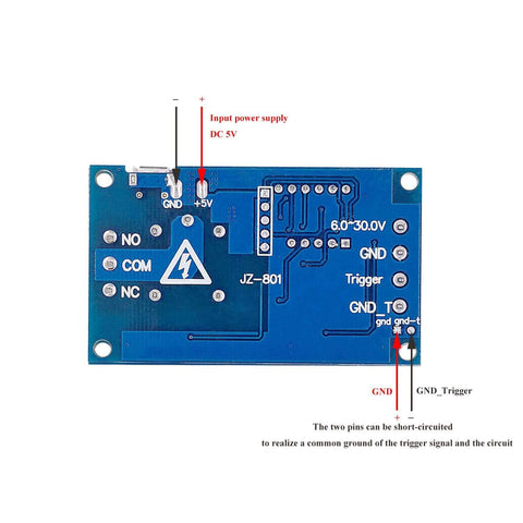 Rear view of Two Pack DC 6 To 30V Timer Relay Module With Programmable Delay, showing input power supply and connection details.