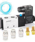 DC12V Pilot Operated 2 Position 5 Way Pneumatic Solenoid Valve With 1/4 NPT Ports, junction box, fittings, and connectors for automation.