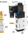 DC12V Pilot Operated 2 Position 5 Way Pneumatic Solenoid Valve with 1/4 NPT Ports and Junction Box, shown with fittings and measurements.