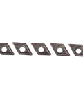 Five pieces of 10 Pack DCMT070204-SM Carbide Indexable Inserts For Lathe Turning And Milling Pro Grade Precision For Stainless Steel Long Lasting Wear Resistant Compatible With SDJCR SDNCN SDQCR Tool Holders, aligned in a row.