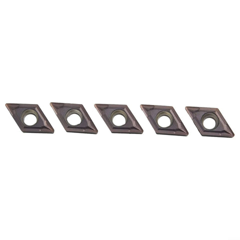 Five pieces of 10 Pack DCMT070204-SM Carbide Indexable Inserts For Lathe Turning And Milling Pro Grade Precision For Stainless Steel Long Lasting Wear Resistant Compatible With SDJCR SDNCN SDQCR Tool Holders, aligned in a row.