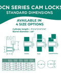 Diagram of DCN Series Cam Locks with standard dimensions and four size options.