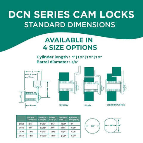 Diagram of DCN Series Cam Locks with standard dimensions and four size options.