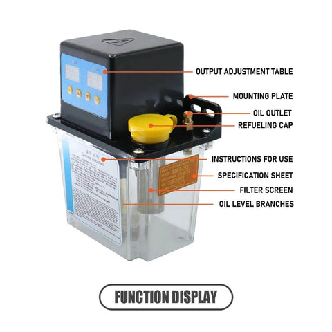 DCR-50 220V Automatic Electromagnetic Lubrication Oil Pump For CNC Engraver with labeled components, 0.5L-2L capacity
