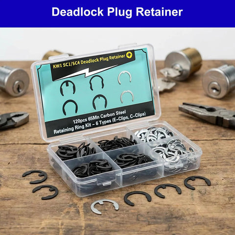 Ultimate 120 Piece Deadlock Plug Retainer Clips Kit For Kwikset And Schlage Locks With KW1 SC1 SC4 Rekey Set, open kit on table