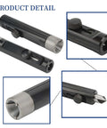 Close-up view of a black and silver tubing deburring and flaring tool for brake lines, showcasing detailed components.