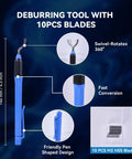 All In One Copper Pipe Cutter Kit showing deburring tool with 10pcs blades, swivel rotates 360 degrees, blue design.