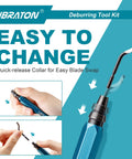 Deburring Tool Kit With 11 High Speed Steel Blades And 360 Degree Rotary Head For Metal Resin Aluminum Copper Plastic Wood And 3D Printing With A 5 Inch Aluminum Handle, showing quick blade change.