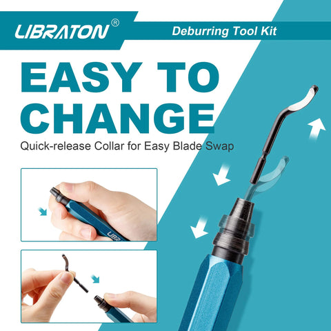 Deburring Tool Kit With 11 High Speed Steel Blades And 360 Degree Rotary Head For Metal Resin Aluminum Copper Plastic Wood And 3D Printing With A 5 Inch Aluminum Handle, showing quick blade change.