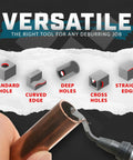 Deburring Tool With Micro Polished Anodized Handle And 11 HSS Blades illustrating versatility for different edge types.