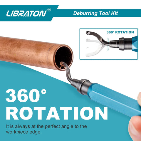 Deburring Tool Kit With 11 High Speed Steel Blades And 360 Degree Rotary Head for smoothing copper pipe edges, close-up view.