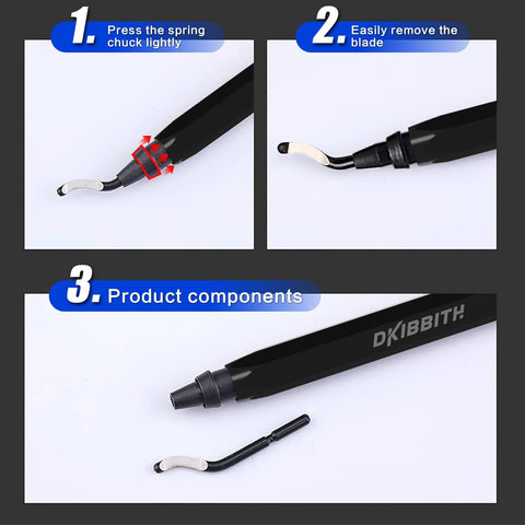 Steps to change blades for versatile deburring tool set with 11 high speed steel rotary burr blades and durable black handle.