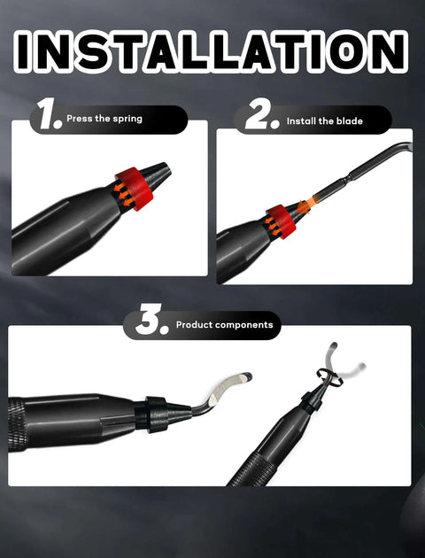 Installation guide for Two Submerged Hand Reamers Deburring Tool Set With Ten Spare BS1010 Type Blades showing step-by-step instructions.