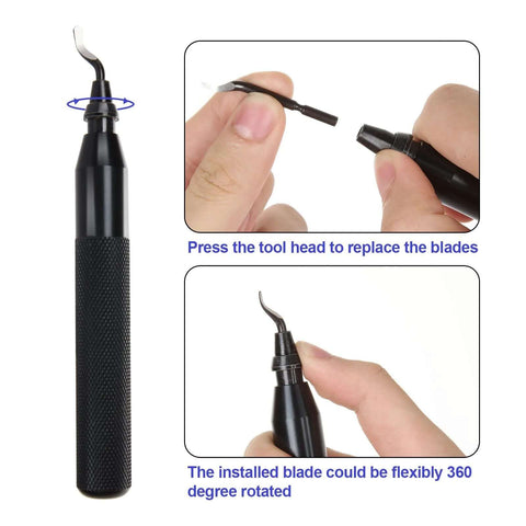 Versatile Deburring Tool Kit Pro Grade With 15 Replaceable High Speed Steel Blades For Three D Printing Resin Plastic Metal Copper And PVC Pipes Includes Storage Case And Three Blade Models BK3010 BS1018 BS1010 shown with replaceable blade feature