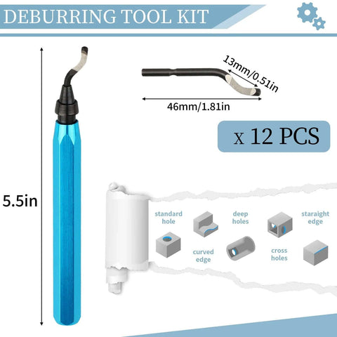 Deburring Tool With 12 High Speed Steel Blades Blue Handle For Metal Plastic Resin PVC And 3D Printed Edges dimensions