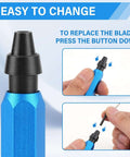 Deburring Tool Set With 15 High Speed Steel Swivel Blades For Metal Resin Copper Plastic PVC Pipes And 3D Printing Burr Removal Blue Handle Kit With Case And Replacement Blades showing blade change process