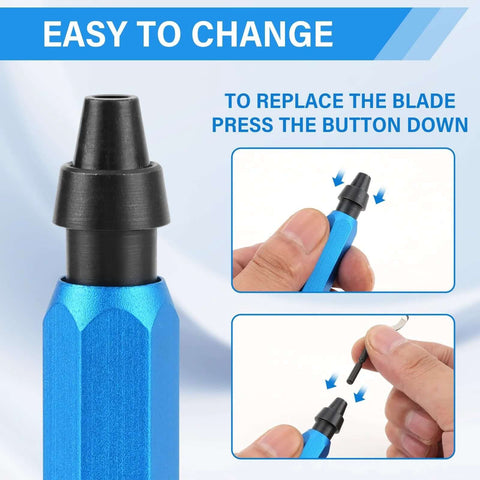 Deburring Tool Set With 15 High Speed Steel Swivel Blades For Metal Resin Copper Plastic PVC Pipes And 3D Printing Burr Removal Blue Handle Kit With Case And Replacement Blades showing blade change process