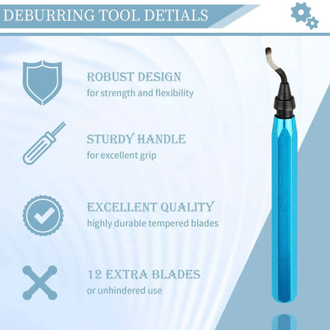 Deburring Tool With 12 High Speed Steel Blades Blue Handle For Metal Plastic Resin PVC And 3D Printed Edges details image