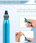 Deburring Tool With 12 High Speed Steel Blades Blue Handle For Metal Plastic Resin PVC And 3D Printed Edges, blade change close-up
