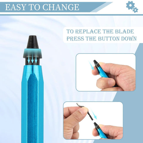 Deburring Tool With 12 High Speed Steel Blades Blue Handle For Metal Plastic Resin PVC And 3D Printed Edges, blade change close-up