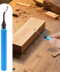 Deburring Tool Set With 15 High Speed Steel Swivel Blades For Metal Resin Copper Plastic PVC Pipes And 3D Printing Burr Removal Blue Handle Kit With Case And Replacement Blades shown with wood block