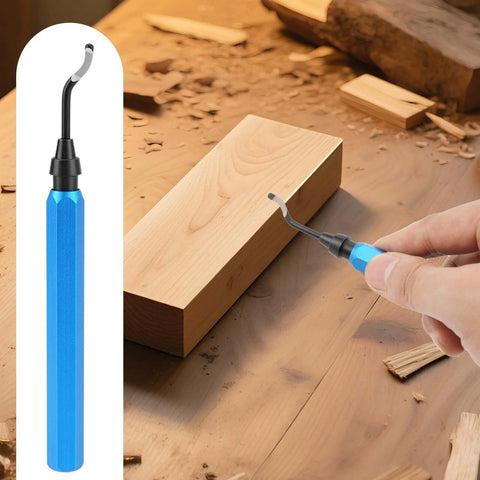 Deburring Tool Set With 15 High Speed Steel Swivel Blades For Metal Resin Copper Plastic PVC Pipes And 3D Printing Burr Removal Blue Handle Kit With Case And Replacement Blades shown with wood block
