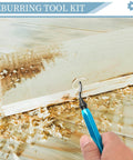 Hand using Deburring Tool With 12 High Speed Steel Blades Blue Handle removing wood shavings from edge.