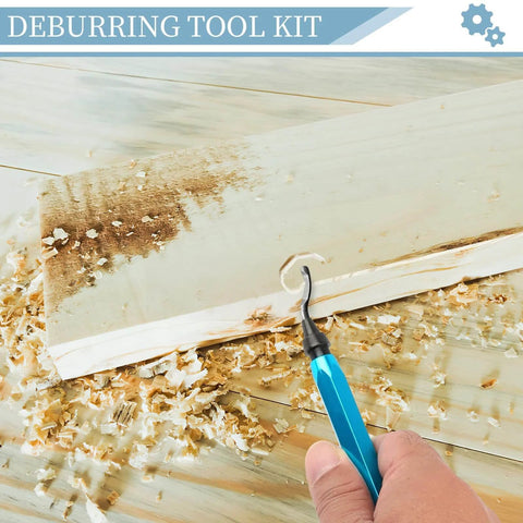Hand using Deburring Tool With 12 High Speed Steel Blades Blue Handle removing wood shavings from edge.